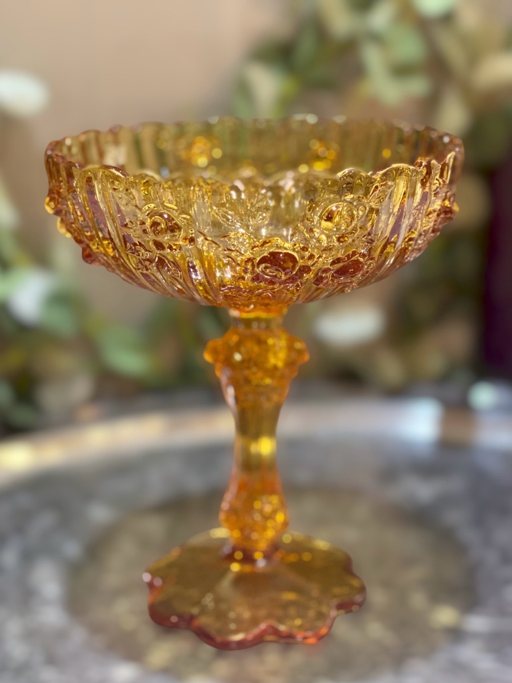 Vintage Fenton Amber Glass Cabbage Rose Pedestal Compote Bowl Candy Dish